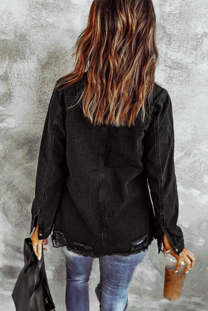 Distressed Snap Down Denim Jacket - Vesteeto