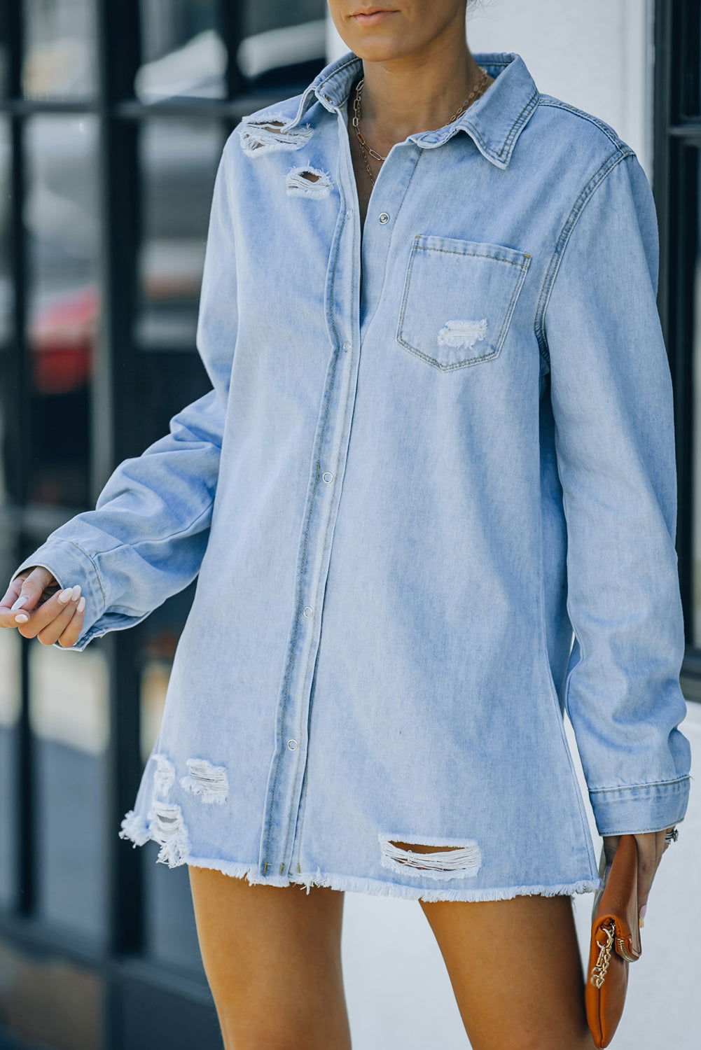 Distressed Snap Down Denim Jacket - Vesteeto