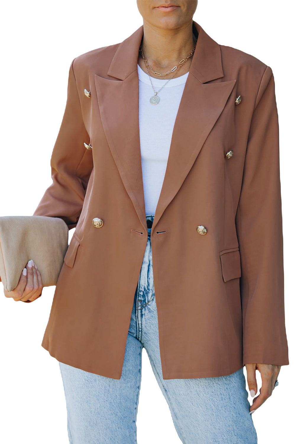 Double Breasted Lapel Neck Flap Pocket Casual Brown Blazer for Women - Vesteeto