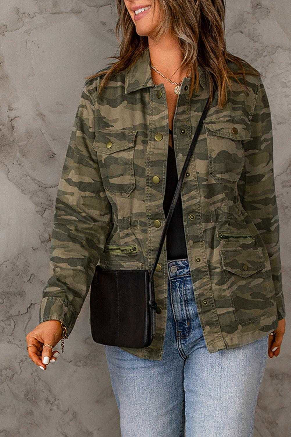 Double Take Camouflage Snap Down Jacket - Vesteeto