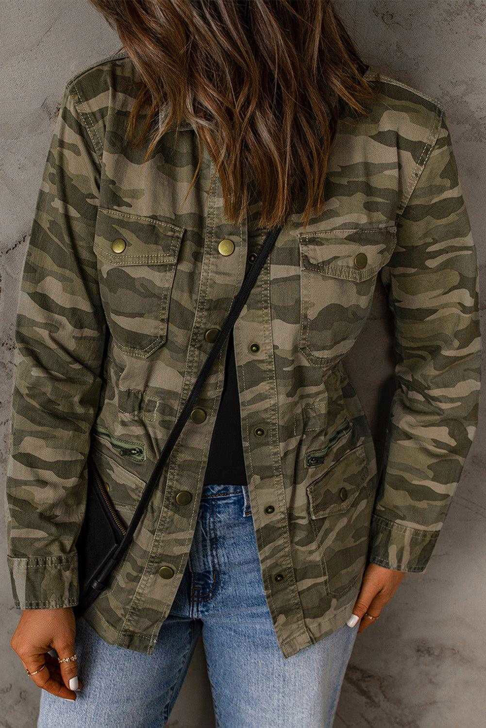 Double Take Camouflage Snap Down Jacket - Vesteeto