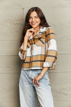 Double Take Plaid Collared Neck Jacket with Breast Pockets - Vesteeto