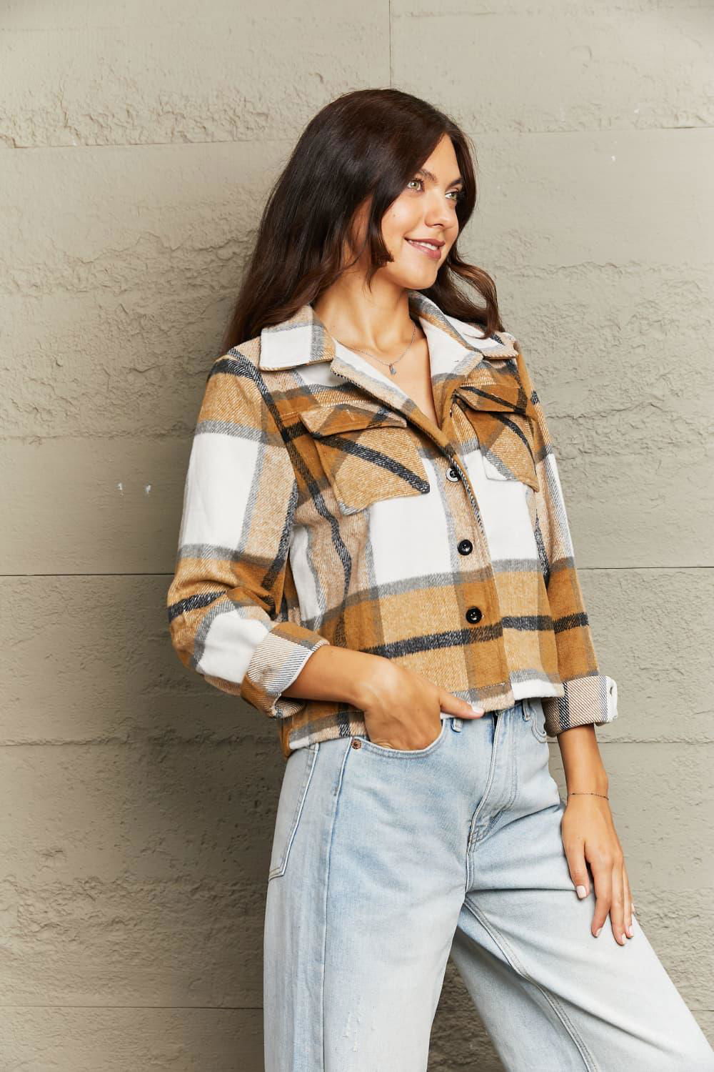 Double Take Plaid Collared Neck Jacket with Breast Pockets - Vesteeto