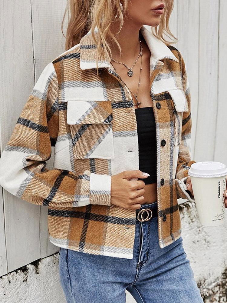 Double Take Plaid Collared Neck Jacket with Breast Pockets - Vesteeto