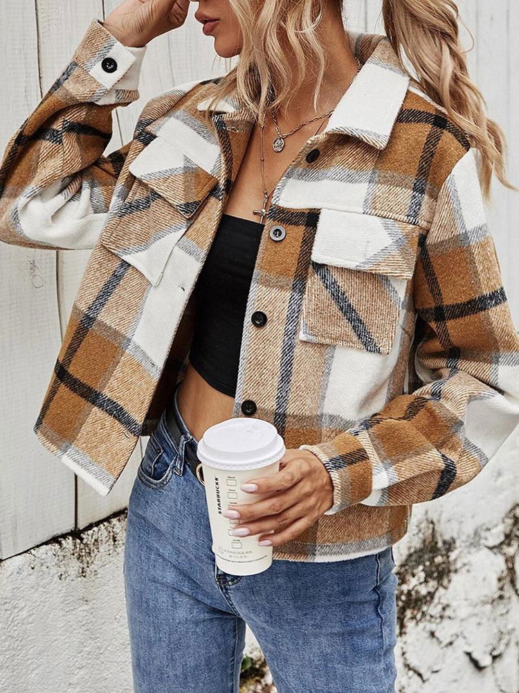 Double Take Plaid Collared Neck Jacket with Breast Pockets - Vesteeto