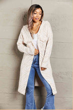 Double Take Printed Open Front Hooded Longline Cardigan - Vesteeto