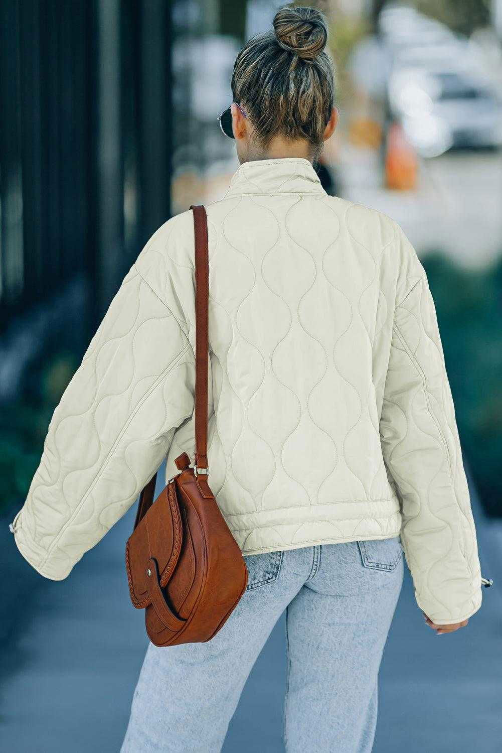 Drawstring Dropped Shoulder Quilted Jacket - Vesteeto