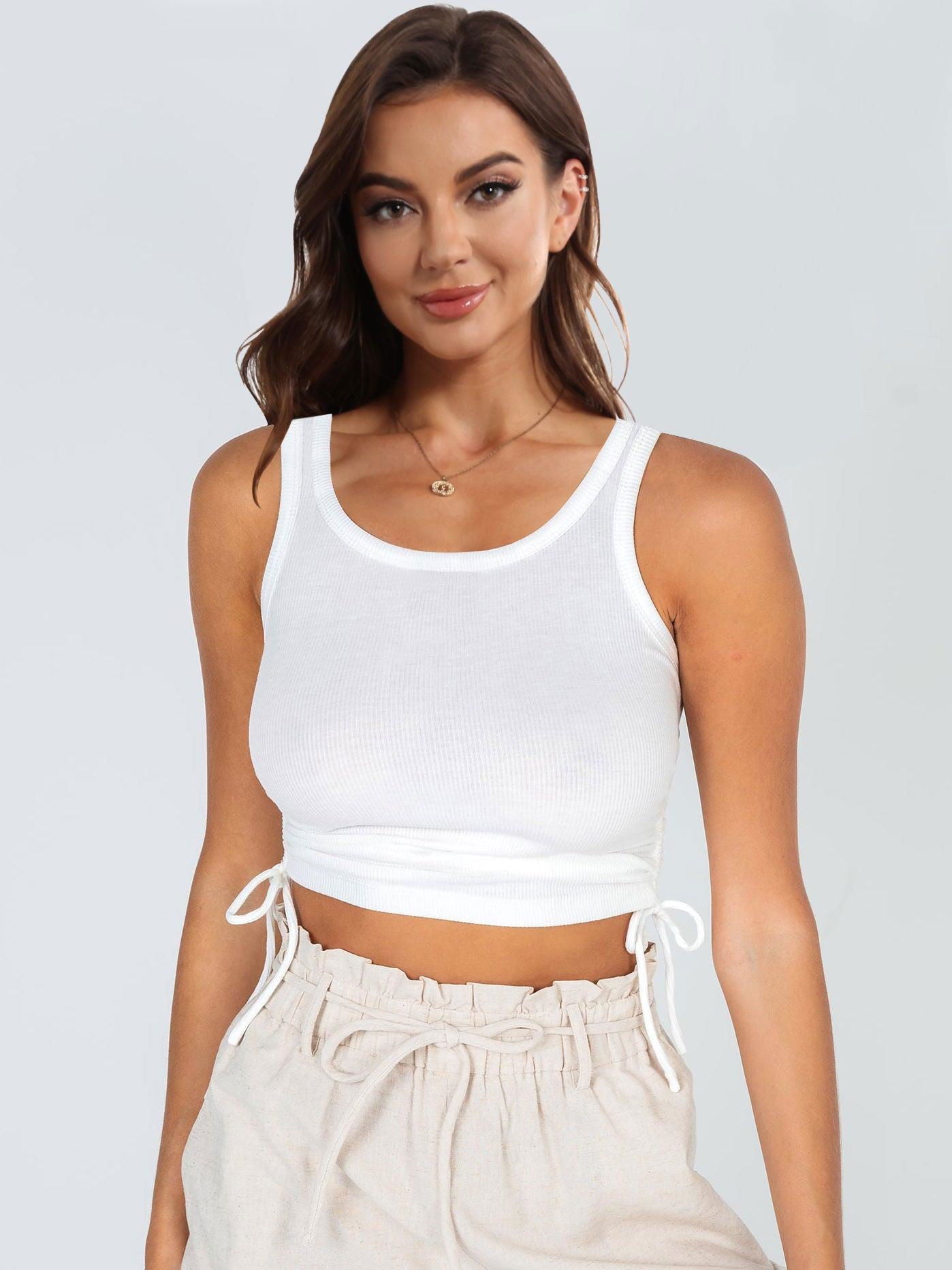 Drawstring Ruched Round Neck Tank - Vesteeto