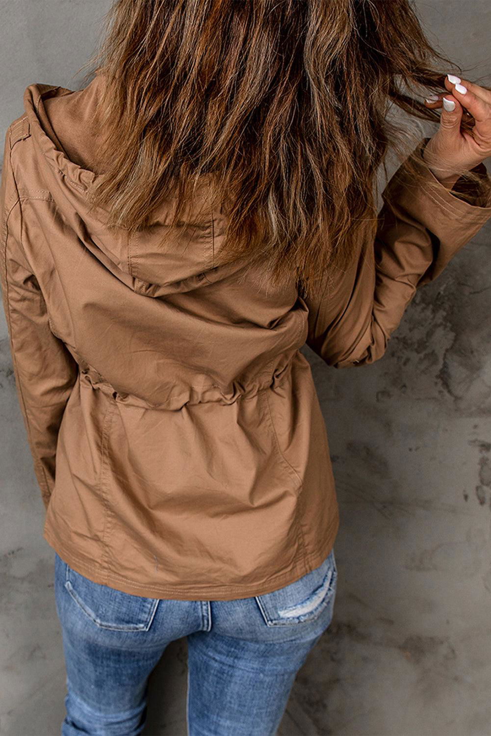 Drawstring Waist Hooded Jacket with Pockets - Vesteeto