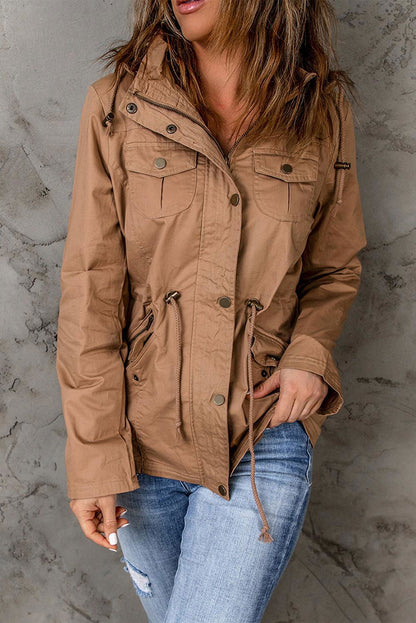 Drawstring Waist Hooded Jacket with Pockets - Vesteeto