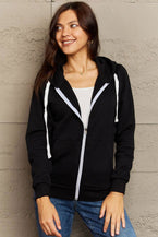 Drawstring Zip-Up Dropped Shoulder Hooded Jacket - Vesteeto