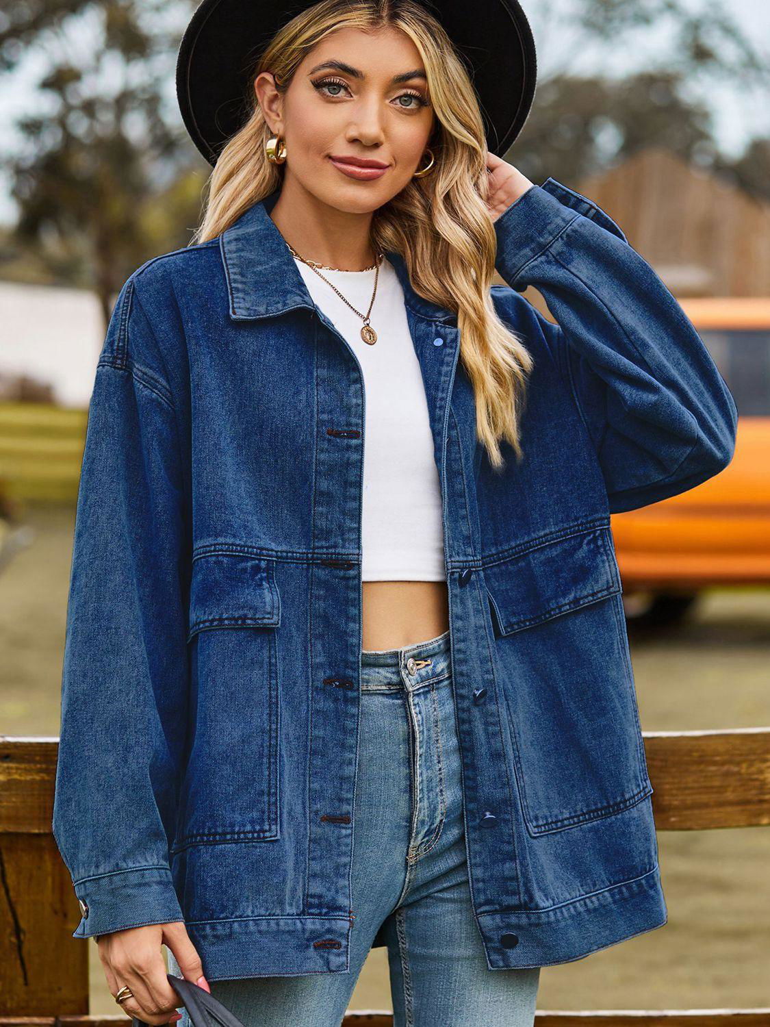 Dropped Shoulder Denim Jacket with Pockets - Vesteeto