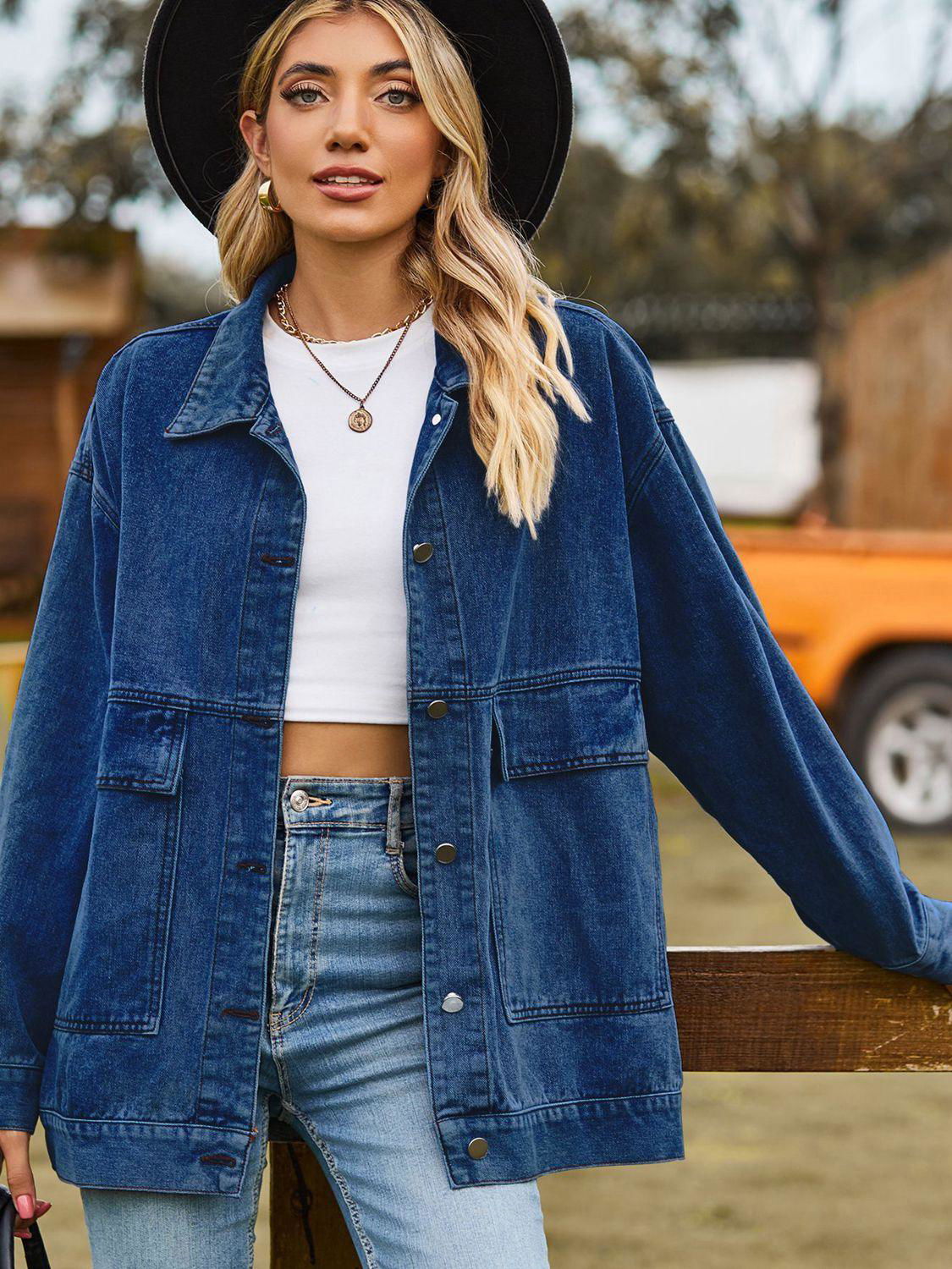 Dropped Shoulder Denim Jacket with Pockets - Vesteeto