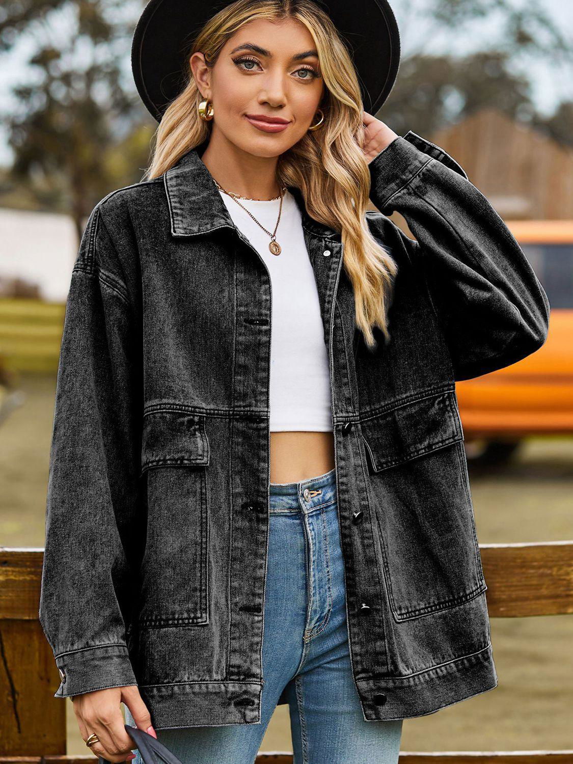 Dropped Shoulder Denim Jacket with Pockets - Vesteeto