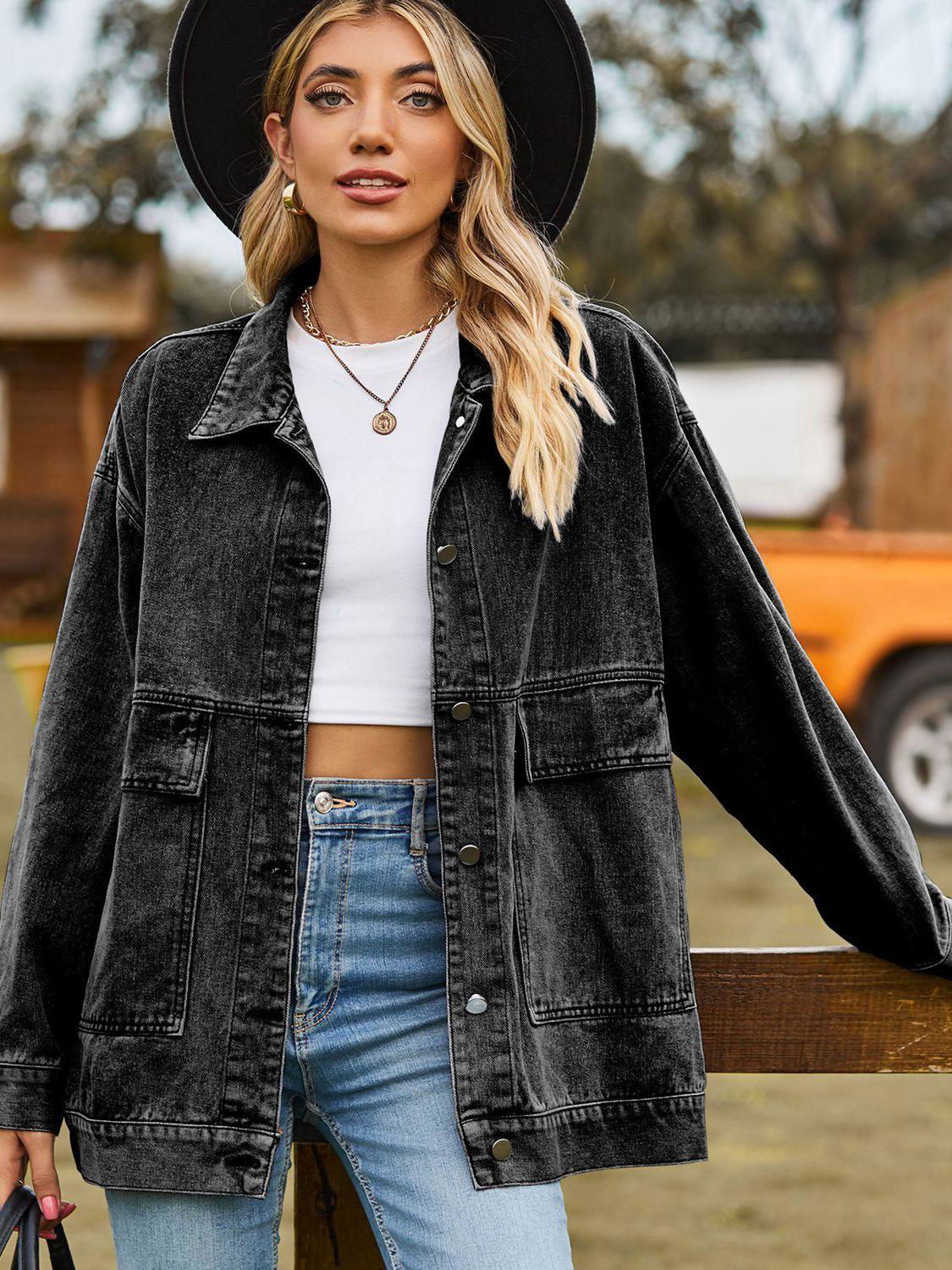 Dropped Shoulder Denim Jacket with Pockets - Vesteeto