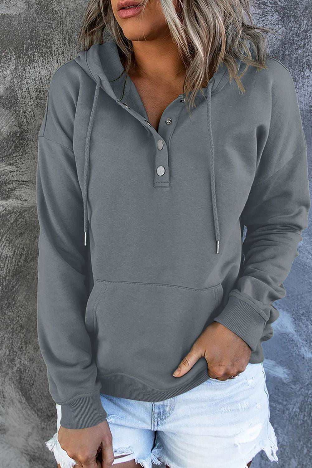 Dropped Shoulder Long Sleeve Hoodie with Pocket - Vesteeto