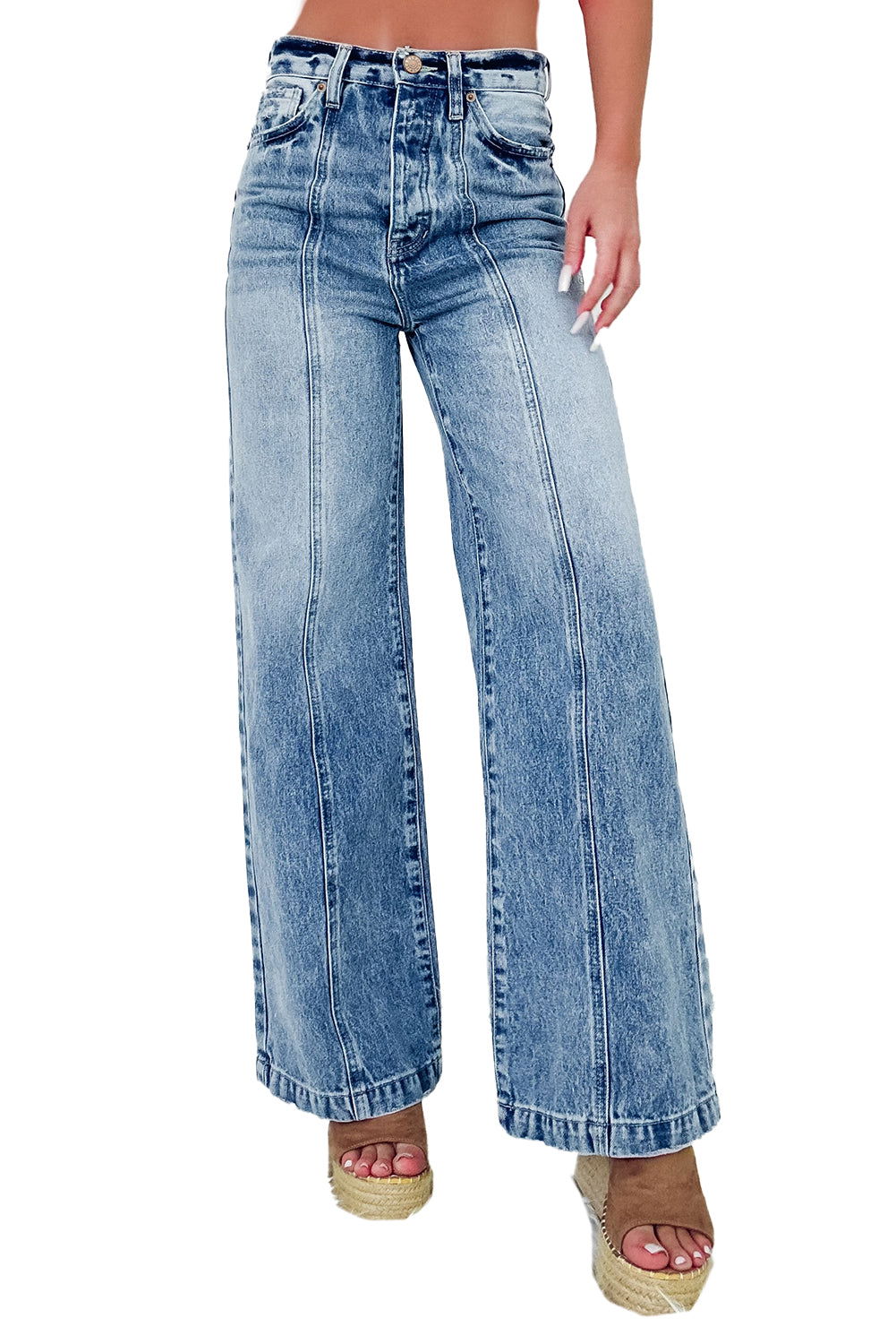 Dusk Blue Central Seamed Wide Leg High Waist Jeans - Vesteeto