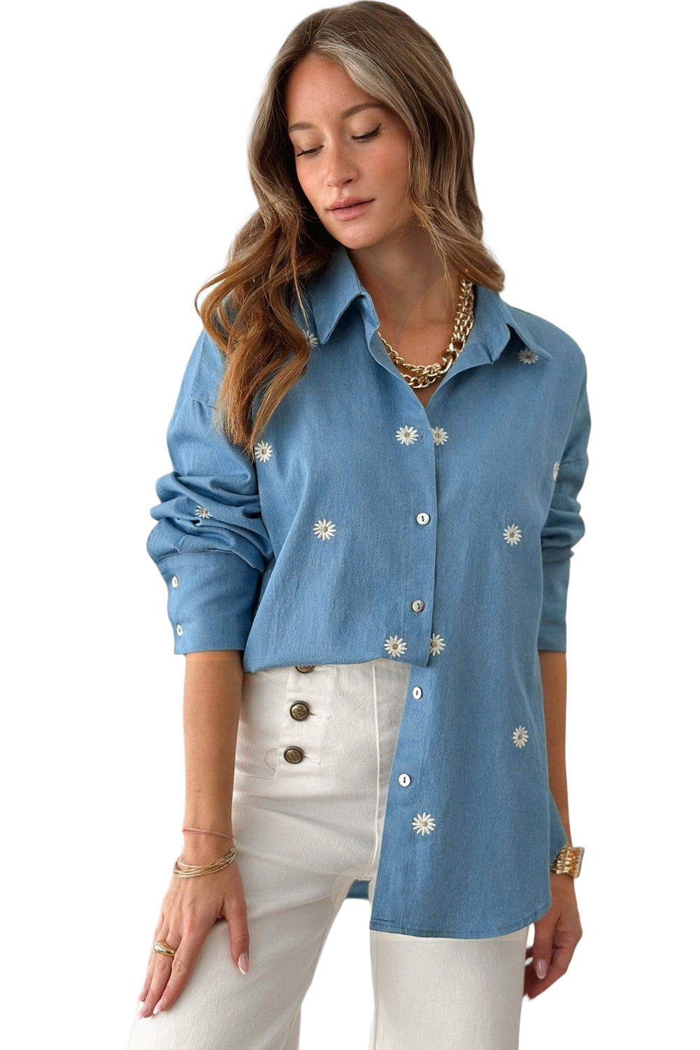 Dusk Blue Floral Embroidered Curved Hem Tunic Shirt - Vesteeto