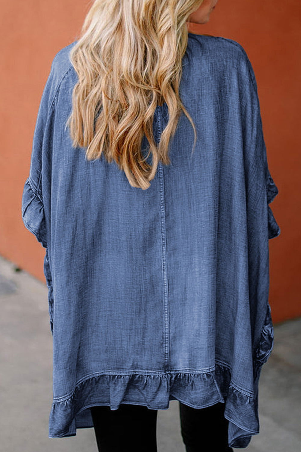 Dusk Blue Half Sleeve Ruffle Edge Chambray Open Kimono - Vesteeto