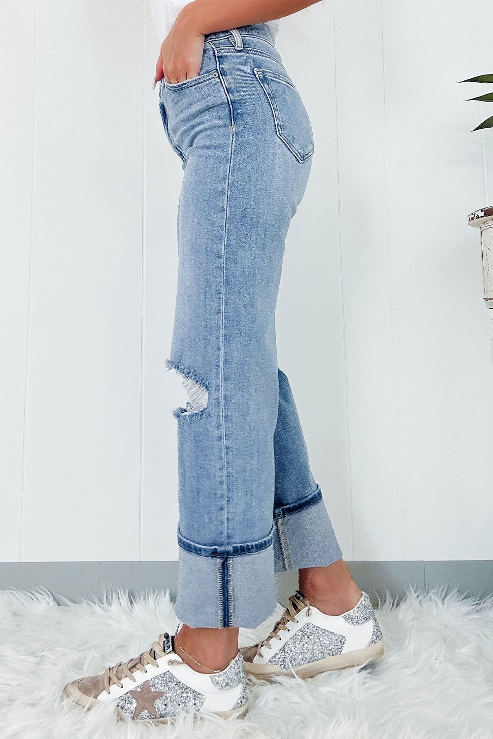 Dusk Blue High Rise Asymmetric Button Zip Fly Ripped Jeans - Vesteeto