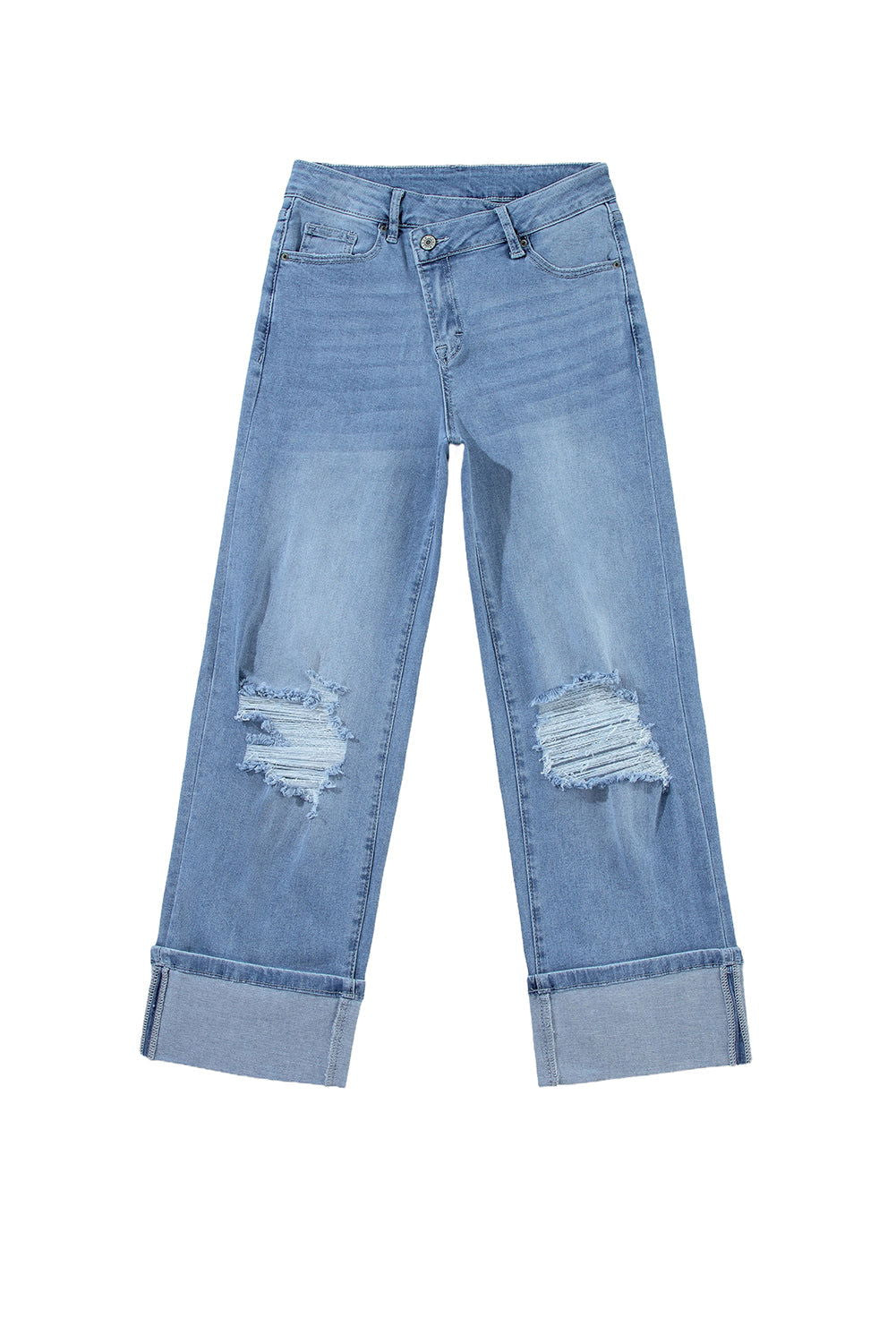 Dusk Blue High Rise Asymmetric Button Zip Fly Ripped Jeans - Vesteeto