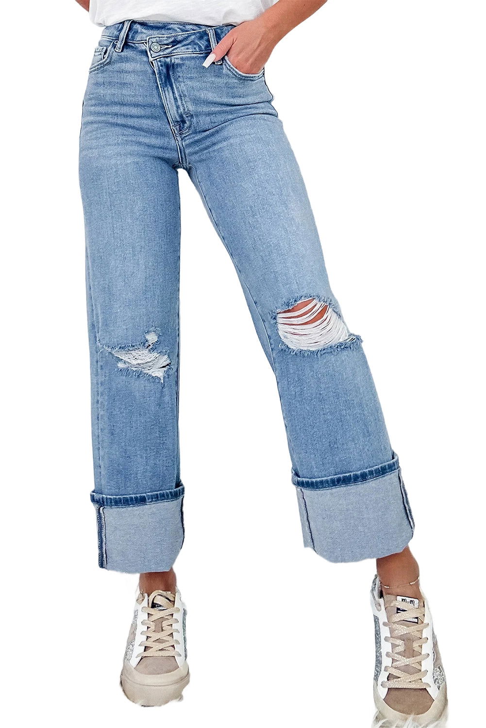 Dusk Blue High Rise Asymmetric Button Zip Fly Ripped Jeans - Vesteeto