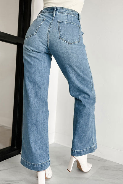 Dusk Blue Multi Button Waist Wash Straight Leg Jeans - Vesteeto