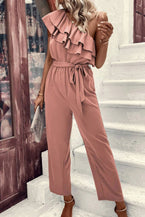 Dusty Pink Asymmetric Shoulder Ruffle Trim Belted Jumpsuit - Vesteeto