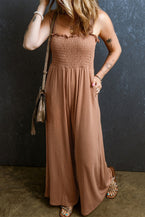 Dusty Pink Ruffled Shirred Wide Leg Sleeveless Jumpsuit - Vesteeto