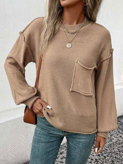 Exposed Seam Round Neck Sweater - Vesteeto