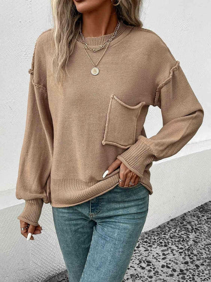 Exposed Seam Round Neck Sweater - Vesteeto