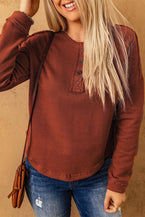 Exposed Seams Round Neck Long Sleeve Blouse - Vesteeto