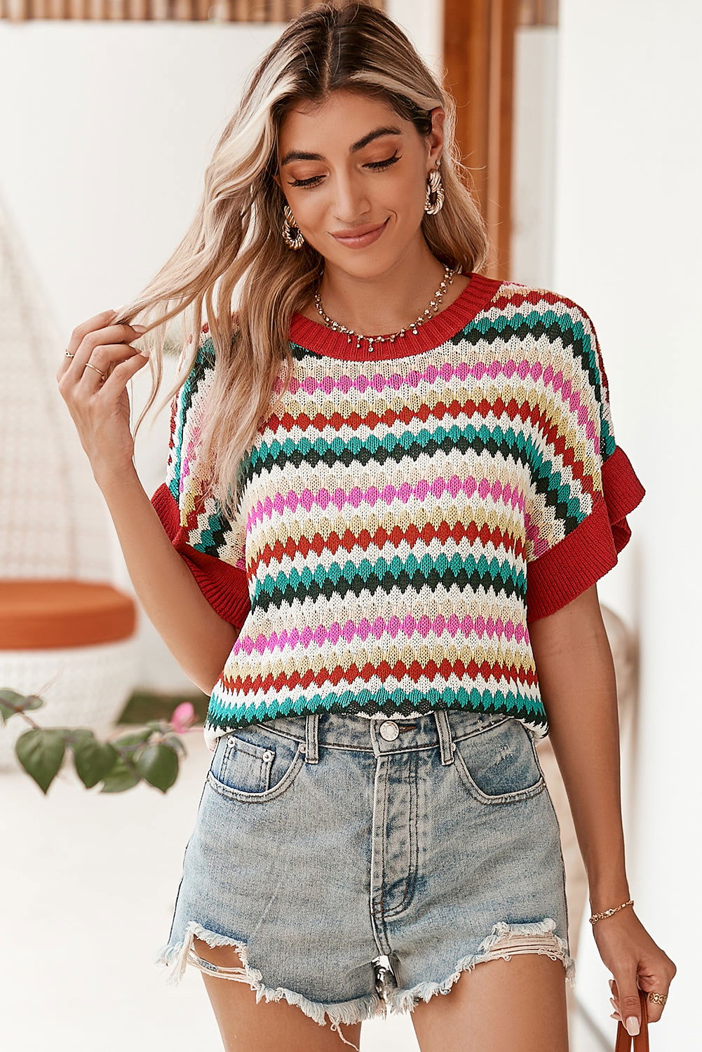 Fiery Red Colorblock Striped Ruffle Sleeve Knit Top - Vesteeto