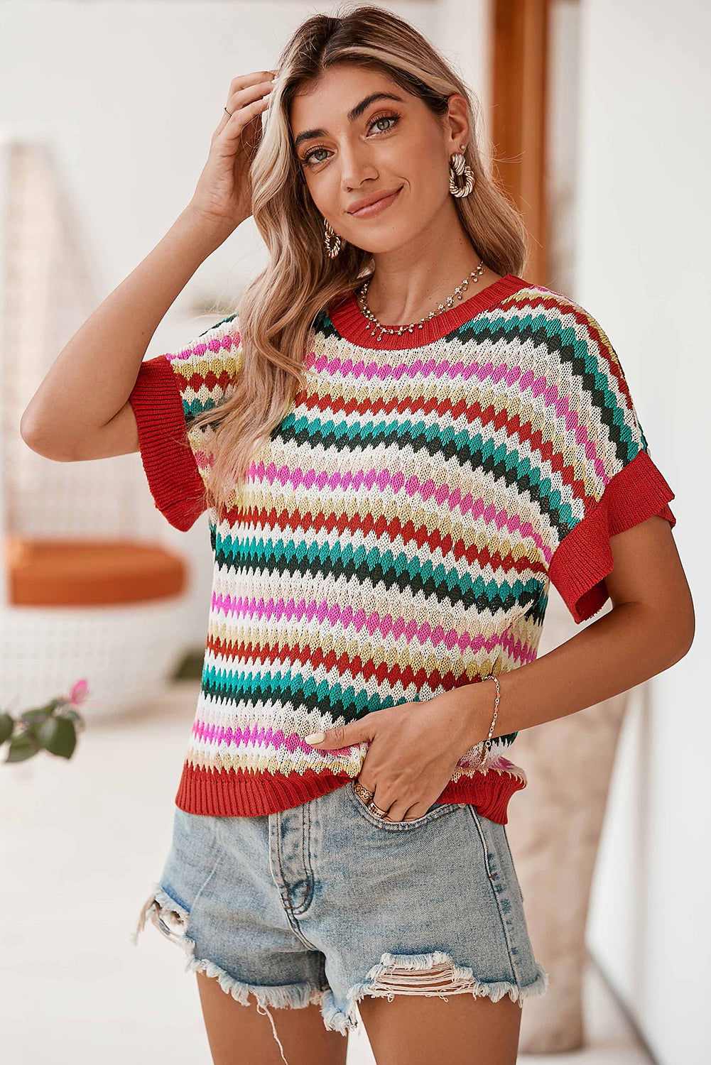 Fiery Red Colorblock Striped Ruffle Sleeve Knit Top - Vesteeto