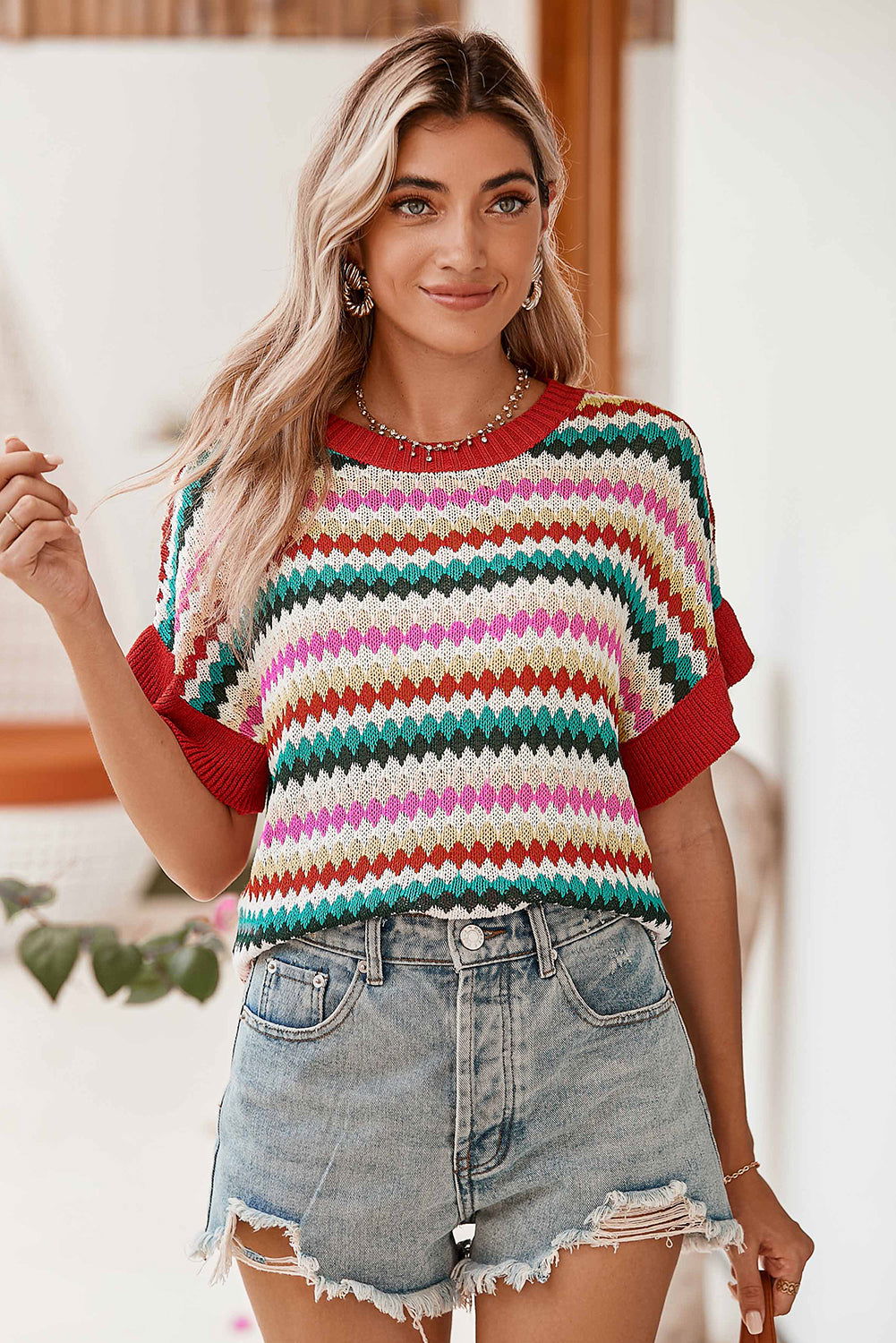 Fiery Red Colorblock Striped Ruffle Sleeve Knit Top - Vesteeto