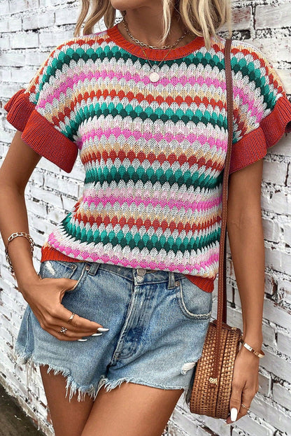 Fiery Red Colorblock Striped Ruffle Sleeve Knit Top - Vesteeto