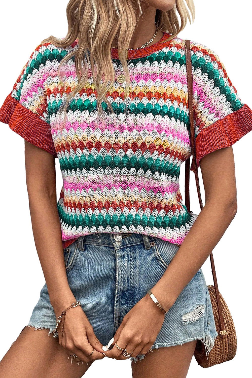 Fiery Red Colorblock Striped Ruffle Sleeve Knit Top - Vesteeto