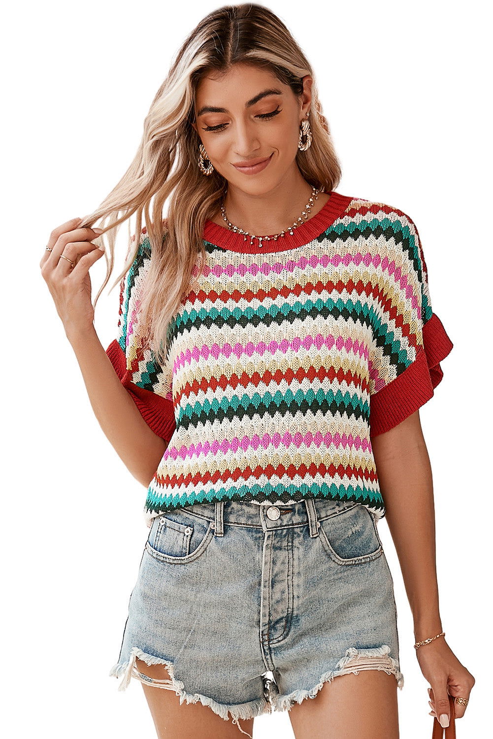 Fiery Red Colorblock Striped Ruffle Sleeve Knit Top - Vesteeto