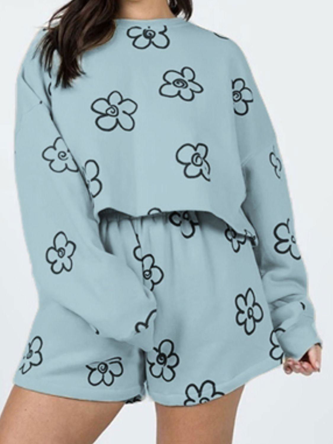 Floral Dropped Shoulder Sweatshirt and Shorts Set - Vesteeto