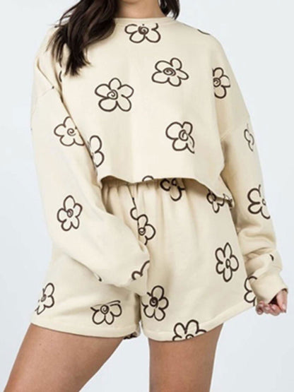 Floral Dropped Shoulder Sweatshirt and Shorts Set - Vesteeto