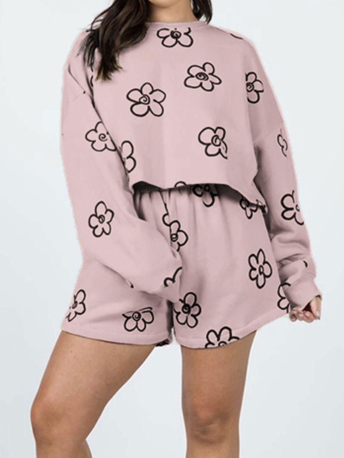 Floral Dropped Shoulder Sweatshirt and Shorts Set - Vesteeto