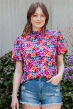 Floral Print Puff Sleeve Round Neck Blouse - Vesteeto