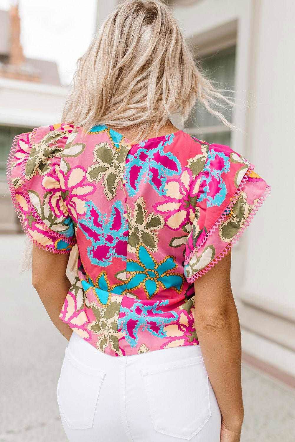 Floral Print Round Neck Flutter Sleeve Blouse - Vesteeto