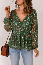 Floral Print Shirred Waist Ruffle Hem Green Bohemian Blouse for Women - Vesteeto