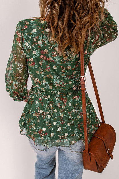 Floral Print Shirred Waist Ruffle Hem Green Bohemian Blouse for Women - Vesteeto