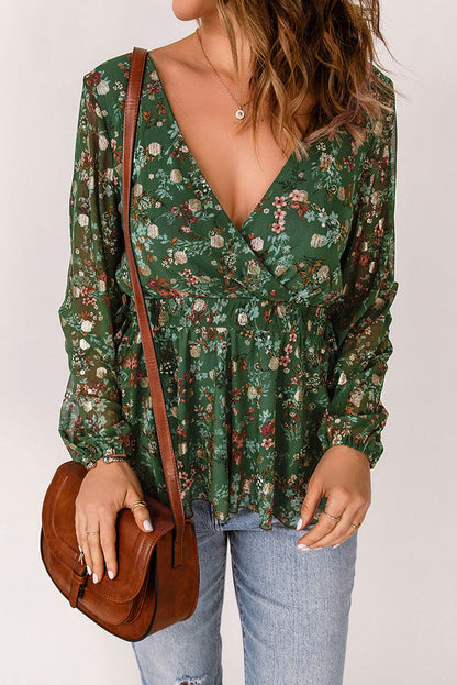 Floral Print Shirred Waist Ruffle Hem Green Bohemian Blouse for Women - Vesteeto