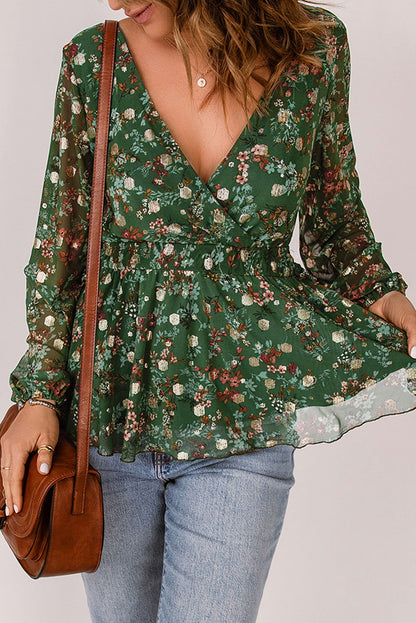 Floral Print Shirred Waist Ruffle Hem Green Bohemian Blouse for Women - Vesteeto