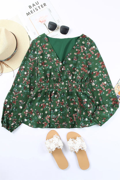 Floral Print Shirred Waist Ruffle Hem Green Bohemian Blouse for Women - Vesteeto