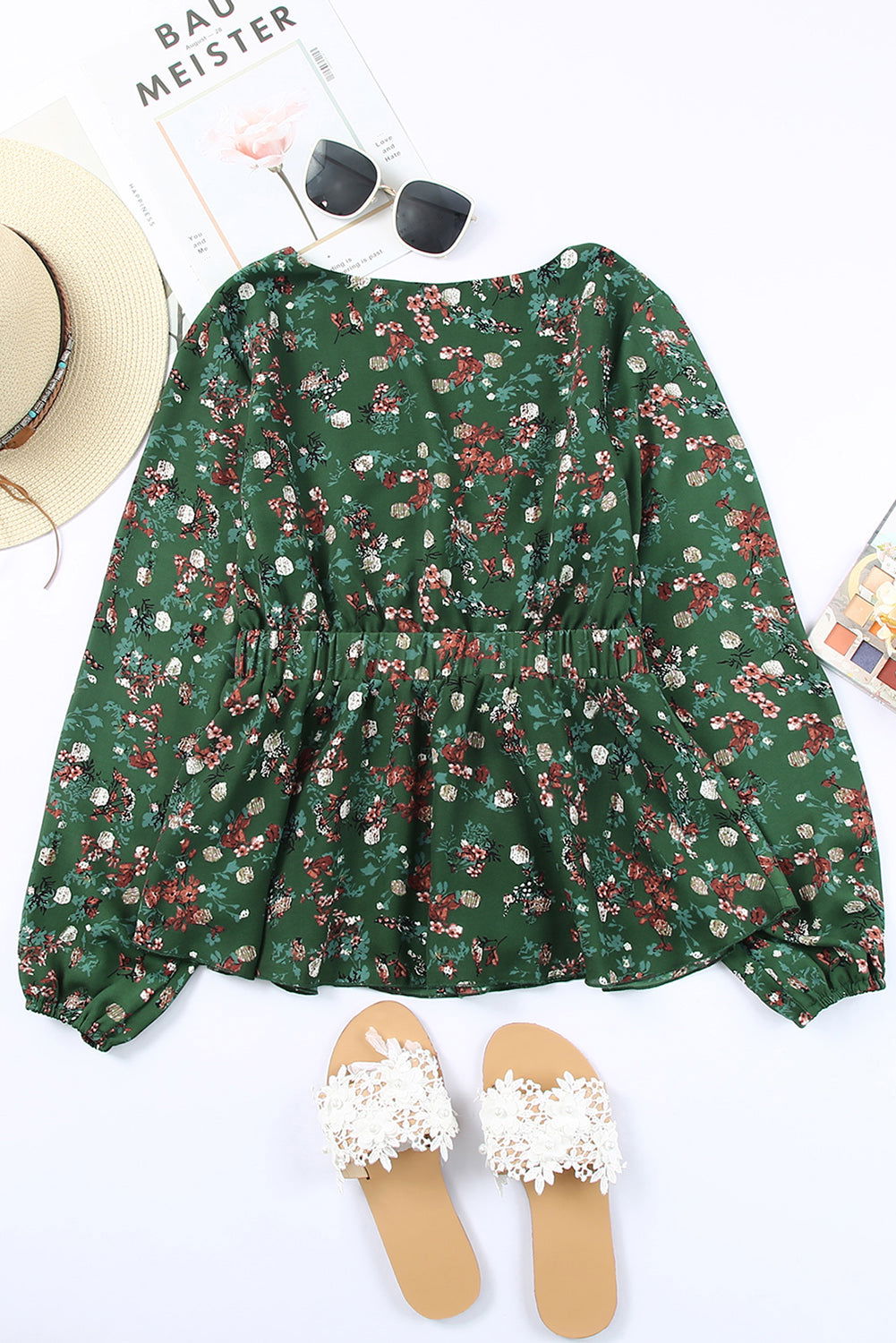 Floral Print Shirred Waist Ruffle Hem Green Bohemian Blouse for Women - Vesteeto