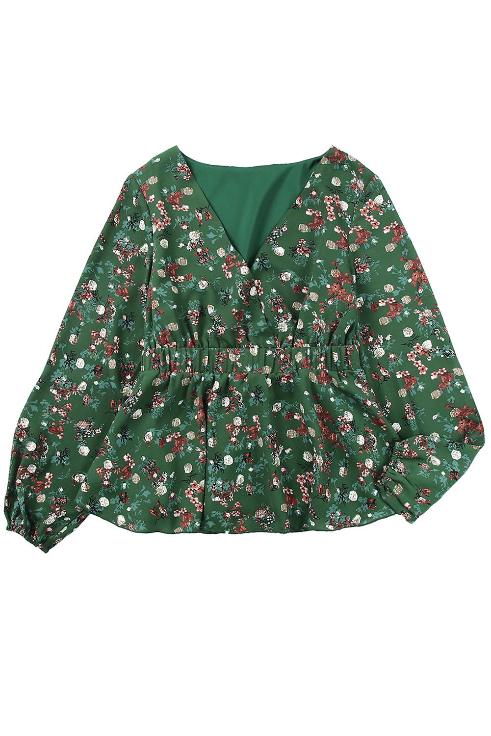 Floral Print Shirred Waist Ruffle Hem Green Bohemian Blouse for Women - Vesteeto